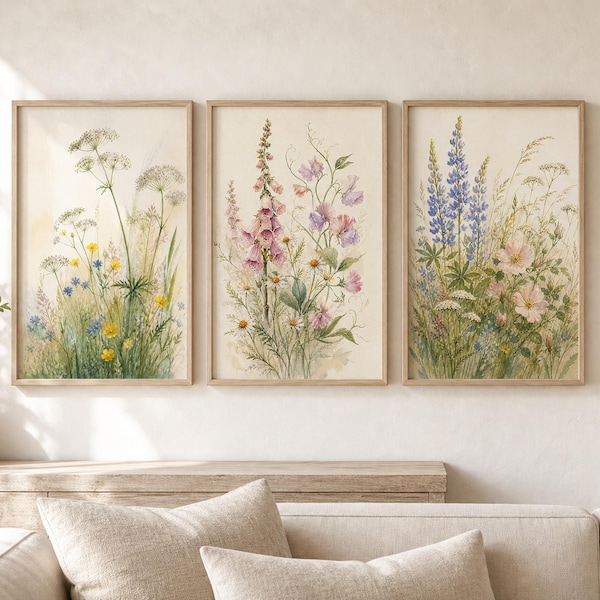 English Cottage Wildflower Wall Art Set of 3, Soft Meadow Botanical Triptych, Premium Printable Decor