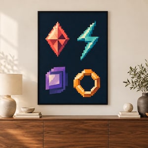 Abstrakt retro arkadväggkonsttryck, färgglad geometrisk spelrumsdekor, digital nedladdning
