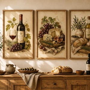 Tuscan Wine Wall Art Set of 3, Italian Kitchen Printable, Cheese & Olive Oil Decor, Mediterranean Farmhouse Prints, Digital Download