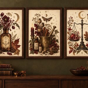 May include: A set of three framed wall art prints featuring botanical and alchemical illustrations. The left print shows a glass bottle with flowers, the center shows a mortar and pestle with herbs, and the right shows a scale with fruit.