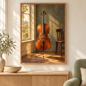 May include: A framed wall art print depicting a brown wooden cello standing upright in a sunlit room. The scene features a window with golden light, a dark wooden chair, and a patterned rug on the floor, all captured in a realistic painterly style.