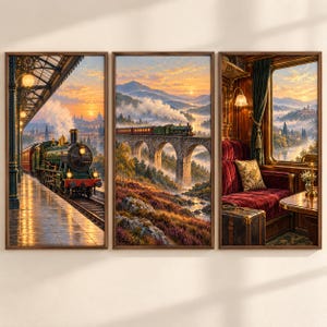 May include: A three-panel wall art set depicting a steam train journey. The left panel shows a green locomotive at a station platform. The centre panel features a train crossing a stone viaduct. The right panel shows a plush red train carriage interior.