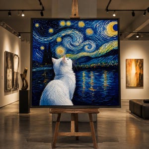 Peut inclure: Tableau encadré d'un chat blanc regardant un ciel étoilé, rappelant le style de Van Gogh. L'œuvre présente des tourbillons de bleus et de jaunes, avec un cadre sombre. Le tableau est exposé sur un chevalet en bois dans une galerie d'art.