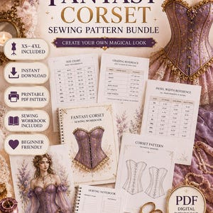 May include: A digital sewing pattern bundle for a fantasy corset, including a workbook, size charts, and technical drawings. The set features a purple corset illustration, gold scissors, and a measuring tape, with text reading FANTASY CORSET SEWING PATTERN BUNDLE and CREATE YOUR OWN MAGICAL LOOK.