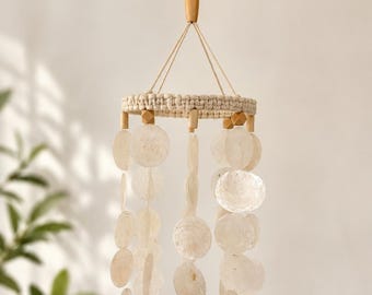 Handmade Macramé Capiz Shell Hanging Decor | Neutral Boho Ceiling Accent | Handmade Coastal Home Decor