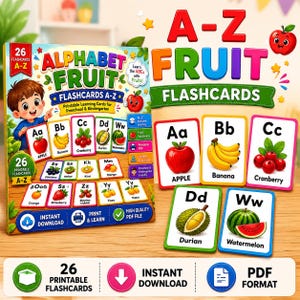 May include: A set of 26 alphabet fruit flashcards featuring colourful illustrations of fruits paired with letters A through Z. The cards display text such as Apple, Banana, Cranberry, Durian, and Watermelon. The set includes a printable PDF format.