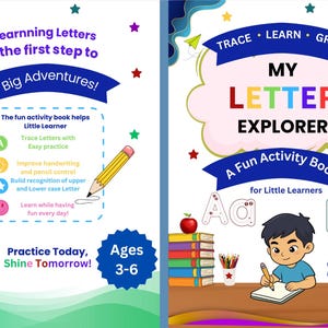 May include: A two-page educational activity book titled My Letter Explorer. The cover features a child writing in a notebook, colorful stacks of books, and text including Learnning Letters is the first step to Big Adventures and Ages 3-6.