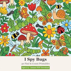 Może przedstawiać: Kolorowy arkusz aktywności do druku z tytułem I Spy Bugs 40 Find & Count Printables Ages 2-5 Instant PDF Download. Ilustracja przedstawia gęsty wzór zielonych gąsienic, pomarańczowych i żółtych motyli, pszczół, ślimaka, biedronki i ważki pośród czerwonych i pomarańczowych grzybów oraz różnych kwiatów.