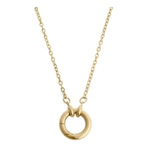 May include: A gold-toned necklace featuring a delicate chain and a circular pendant. The pendant is a smooth, solid ring attached to the chain by two small, integrated loops, creating a clean and simple design for this piece of jewelry.