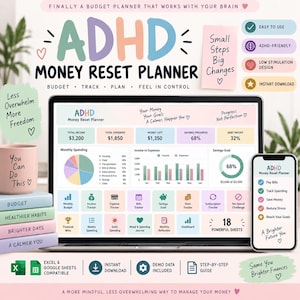 May include: A digital ADHD Money Reset Planner displayed on a laptop and smartphone screen, featuring colorful budget tracking dashboards, income and expense charts, savings goals, and various financial management icons for tracking bills and spending.