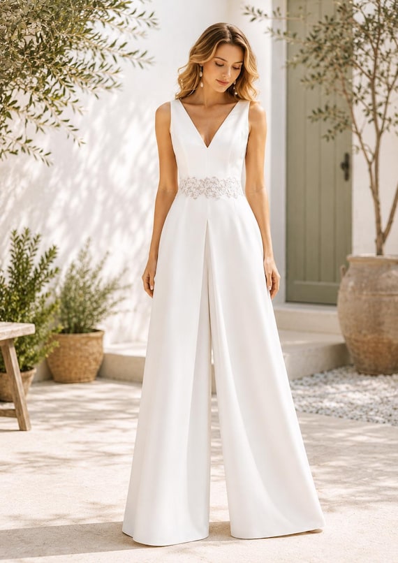 formal white romper dress V-neck Wide Leg Jumpsuit | Elegant Sleeveless for Wedding Guest, Evening Party Bournemouth