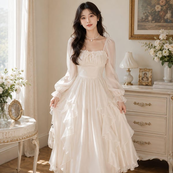 Romantic Long Sleeve Maxi Dress, High Waist Ruffle Fairy Cottagecore Style