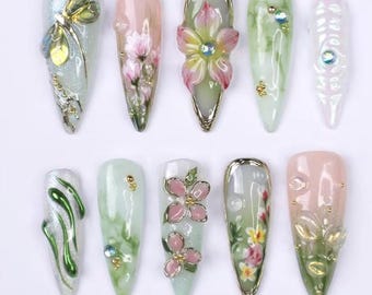 3D Fairycore Green Press On Nails | Gold Dragonfly & Pink Flower Fake Nails | Spring Botanical False Nails | Jade Marble Stiletto Nails