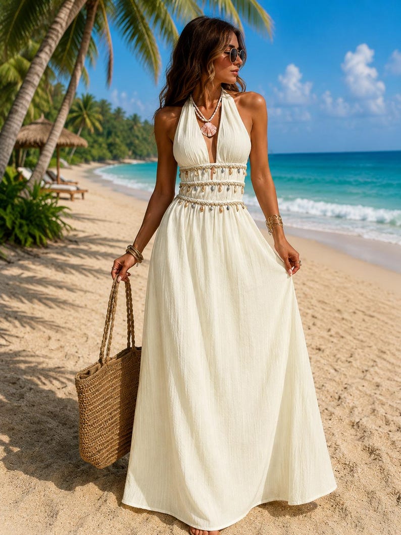 Puede incluir: Un vestido largo de color crema con cuello halter, escote en V profundo, cuerpo adornado con detalles de conchas marinas colgantes y falda fluida. El vestido se combina con un bolso de paja trenzada y un collar con un gran colgante de concha.