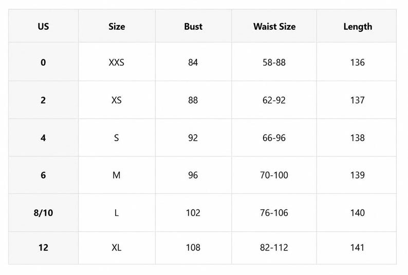 Puede incluir: Una tabla de tallas blanca con texto negro que incluye columnas para talla estadounidense, etiqueta de talla, busto, cintura y longitud. Las filas enumeran las tallas estadounidenses 0, 2, 4, 6, 8/10 y 12 con sus medidas num&eacute;ricas correspondientes.