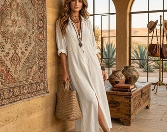 Vestido largo bohemio de algodón y lino de gran tamaño, mangas enrollables, tapeta de botones, ropa informal de verano, caftán.