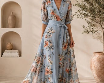 Vestido largo cruzado floral para mujer, vestido de verano de gasa con escote en V, elegante vestido para invitada de boda,
