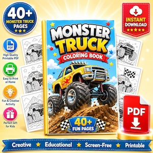 May include: A Monster Truck coloring book featuring a yellow monster truck on the cover with large tires on a dirt mound. The cover includes the text Monster Truck Coloring Book and 40+ Fun Pages. Several black and white coloring pages are visible.