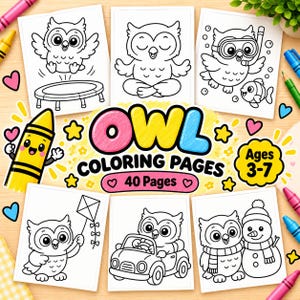 Cozy Owl Coloring Pages for Kids Ages 3-7 | 40 Pages | Cute Kawaii Owl Coloring Activity Book Bundle | Printable PDF Instant Download