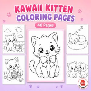 Könnte beinhalten: Eine digitale Sammlung von 40 Kawaii-Kätzchen-Malvorlagen mit schwarz-weißen Strichzeichnungen von Kätzchen in verschiedenen Umgebungen, darunter ein Kätzchen mit Schleife, ein Kätzchen mit Wollknäuel und ein schlafendes Kätzchen auf einem Kissen.
