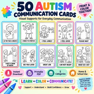 May include: A set of 50 autism communication cards featuring black and white line art illustrations of children in various social situations with text captions like Let Me Take A Breath, I Need To Stretch, I Feel Lonely, I Feel Good, and Please Wait.