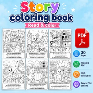 Könnte beinhalten: Ein digitales Story Coloring Book mit dem Text Read & color, das 30 Seiten mit schwarz-weißen Strichzeichnungen von Waldtieren in verschiedenen Szenen wie Camping, Baumhaus und Jahrmarkt enthält, inklusive PDF-Symbol und Text.