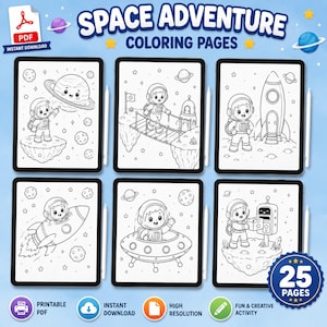 May include: A digital collection of Space Adventure coloring pages featuring six distinct black and white illustrations of astronauts, rockets, and planets. The set includes 25 pages in total, presented as a printable PDF for instant download.