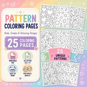 Könnte beinhalten: Eine digitale Sammlung von 25 Muster-Malvorlagen mit schwarz-weißen Strichzeichnungen von Herzen, Sternen, Blumen, Schmetterlingen, Wolken, Emojis, Blättern und Regenbögen. Der Text lautet Pattern Coloring Pages, 25 Coloring Pages, 25 Unique Patterns, Printable PDF, US Letter 8.5 x 11, Easy to Print und For Kids & Adults.