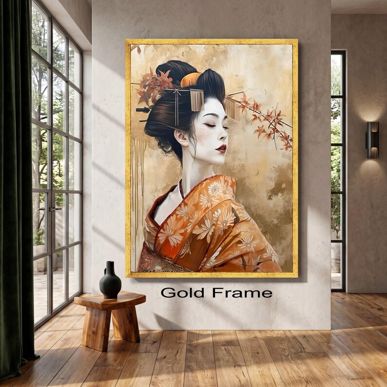 Large Canvas Japanese Geisha Portrait, Elegant Woman Kimono Wall Art ...