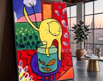 Gatto giallo su tela in stile Henri Matisse, arte murale astratta moderna, natura morta colorata con boccia per pesci, decorazione vivace per la casa