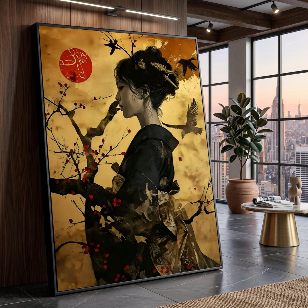 Large Japanese Geisha Canvas Wall Art, Elegant Woman Profile With ...