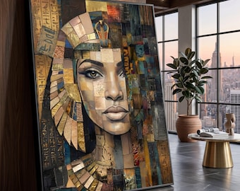 Retrato de reina egipcia en lienzo, arte mural de faraón antiguo, obra de arte facial estilo mosaico, decoración histórica en lienzo, pintura facial femenina