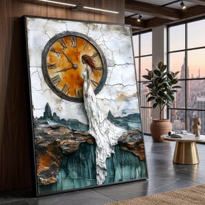 May include: A framed artwork with a textured, three-dimensional design. The artwork shows a woman in a white dress in front of a large clock with Roman numerals. The clock face is orange and brown, and the background is cracked and textured.