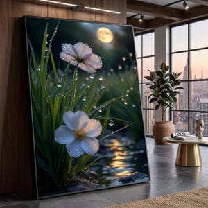 May include: A framed art print featuring two white flowers with yellow centers, surrounded by green grass and water droplets. A full moon shines in the background. The artwork is displayed in a modern interior with city views.