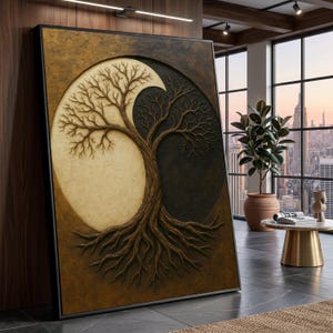 May include: A framed wall art piece featuring a tree design in a yin-yang composition. The artwork has a textured, three-dimensional appearance with a color palette of brown, beige, and black. The tree's roots and branches are intricately detailed.