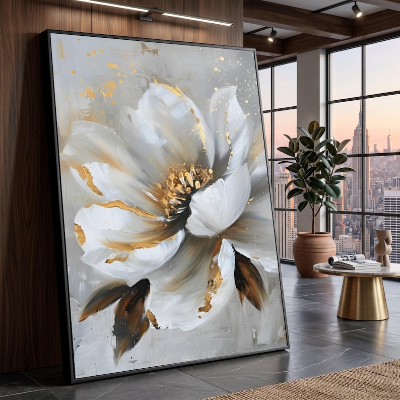 Large White and Gold Flower Canvas Wall Art, Elegant Floral Canvas ...