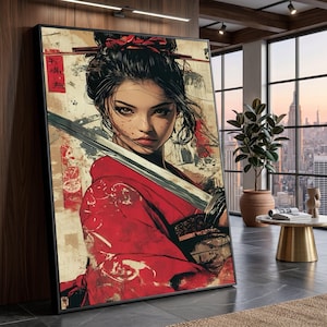 May include: Framed artwork featuring a woman in a red kimono holding a sword. The artwork has a vintage aesthetic with Japanese-inspired elements. The woman has dark hair and is looking directly at the viewer. The background has a faded, textured appearance.