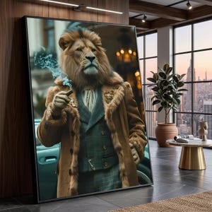 May include: A framed artwork depicts a lion in a brown fur coat, smoking a cigar. The lion is wearing a green plaid suit and a white shirt. The artwork is displayed in a modern room with a city view.