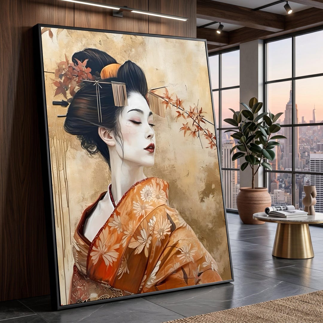 Large Canvas Japanese Geisha Portrait, Elegant Woman Kimono Wall Art ...
