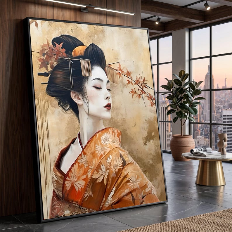 Large Canvas Japanese Geisha Portrait, Elegant Woman Kimono Wall Art ...