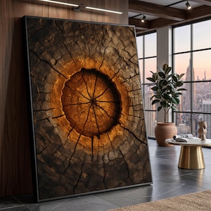 May include: A framed artwork featuring a detailed close-up of a tree stump's cross-section. The artwork showcases concentric rings in shades of brown and gold, with intricate cracks and textures. The piece is displayed in a modern interior setting.