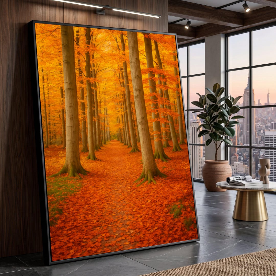 Large Autumn Forest Path Canvas Wall Art, Orange Fall Trees Landscape ...