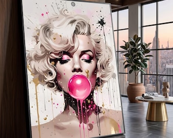 Marilyn Monroe Pop Art Canvas, Bubblegum Pink Wall Art, Iconic Celebrity Portrait, Modern Glamour Canvas Print, Home Decoration