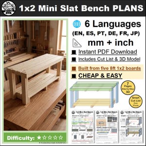 3D Woodworking Plans for 1x2 Mini Slat Bench: Beginner DIY Japandi Furniture PDF | ミリ/インチ併記・6カ国語対応