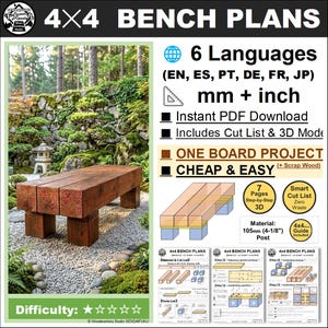 Może przedstawiać: Brązowa drewniana ławka wykonana z drewna 4x4, z napisem "4x4 BENCH PLANS". Obraz zawiera również schemat i tekst dotyczący projektu, w tym rozmiar materiału 10,5 cm.