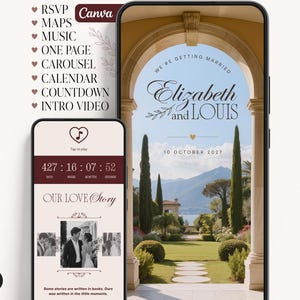Op de afbeelding: Twee smartphones met een digitale trouwuitnodigingssjabloon. Het grotere scherm toont een boog die een landschap omlijst met de tekst "WE'RE GETTING MARRIED Elizabeth and LOUIS 10 OCTOBER 2027". Het kleinere scherm toont een afteltimer.