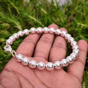 Pulseira de prata de lei 925 maciça com contas de 8 mm, pulseira robusta, joia para damas de honra.