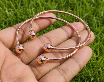 Set of 2 Handmade Pure Copper Open Ball Cuff Bracelets – Minimalist Adjustable Bangle