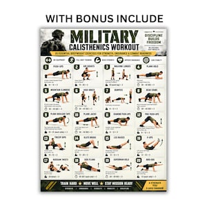 May include: A military calisthenics workout poster featuring 20 numbered bodyweight exercises with illustrations and instructions. The text includes 'MILITARY CALISTHENICS WORKOUT', 'DISCIPLINE BUILDS FREEDOM', and 'TRAIN HARD MOVE WELL STAY MISSION READY'.
