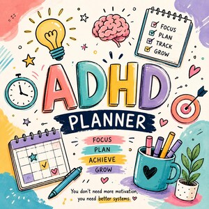 May include: A colorful illustration titled ADHD PLANNER with the text FOCUS, PLAN, ACHIEVE, GROW and You don't need more motivation, you need better systems. Features include a lightbulb, brain, checklist, clock, calendar, pen, mug, and plant.